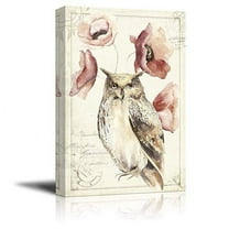 wall26 Canvas Wall Art - Vintage Style Owl Poppy Flowers on Floral Background - Giclee Print Gallery Wrap Modern Home Art Ready to Hang - 24x36 inches