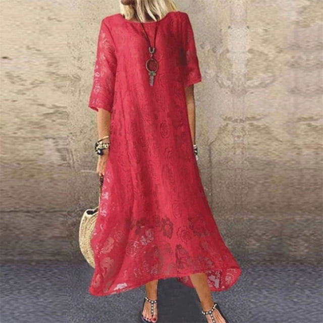 LOVZFMLL Women's Summer Fashion Casual Solid Color Mid Sleeve Splicing Mesh Mid Length Dress Red S