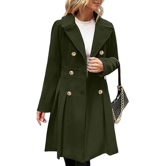 Wutalume Women's Solid Color Thick Long Sleeve Fashion Coat Jacket, Lapel Design with Double Breasted Buttons, Pockets and Lining, Wool Blend for Fall and Winter,Army Green L