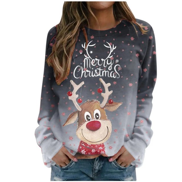 Camiseta suelta estampada a la moda para mujer, blusa de manga larga, cuello redondo, camisetas casuales, sudadera Pompotops FGAJ11807