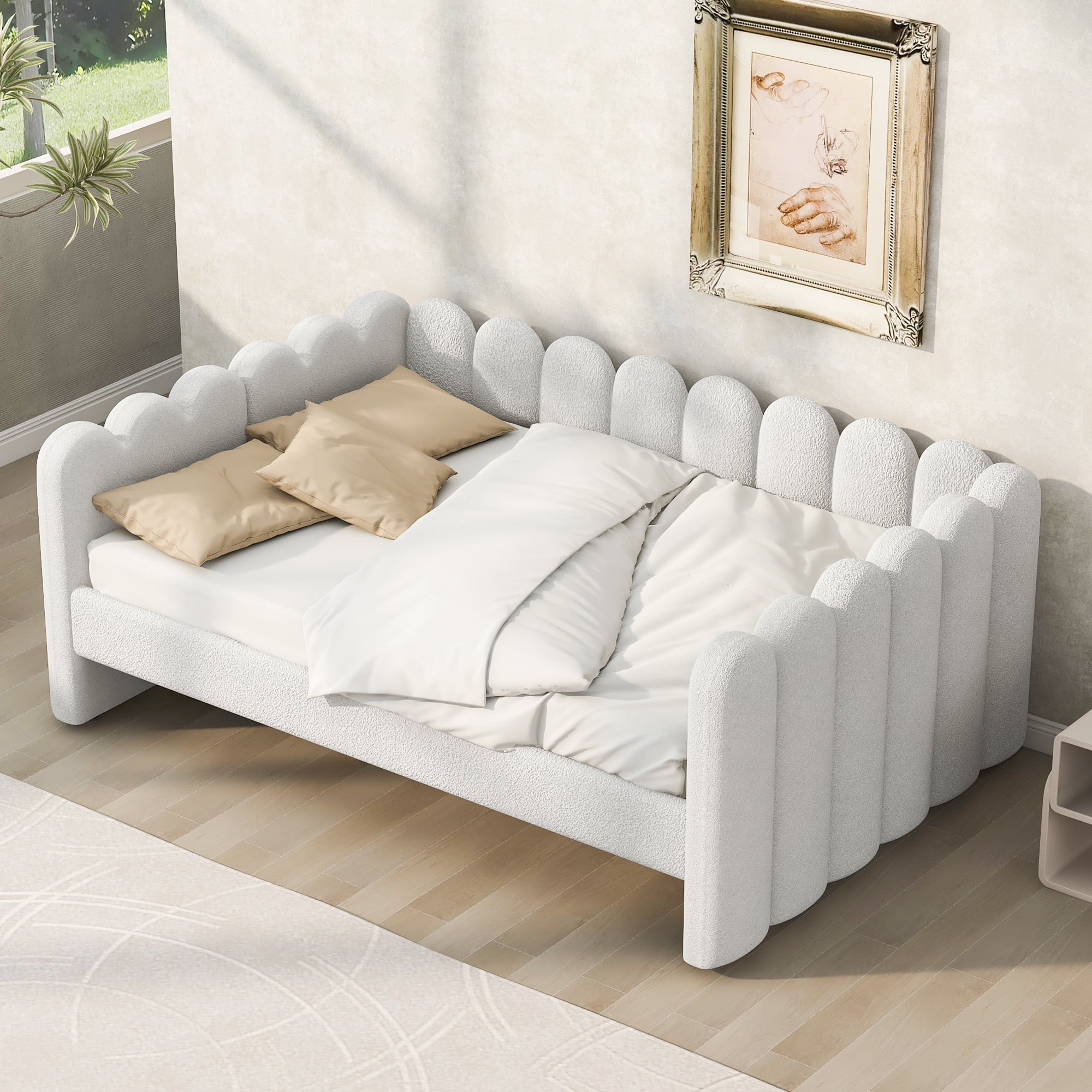 EUROCO Queen Size Upholstered Daybed with Sturdy Wood Slats, Solid Sofa Bed Frame, Easy Assembly, Space-Saving Design, White