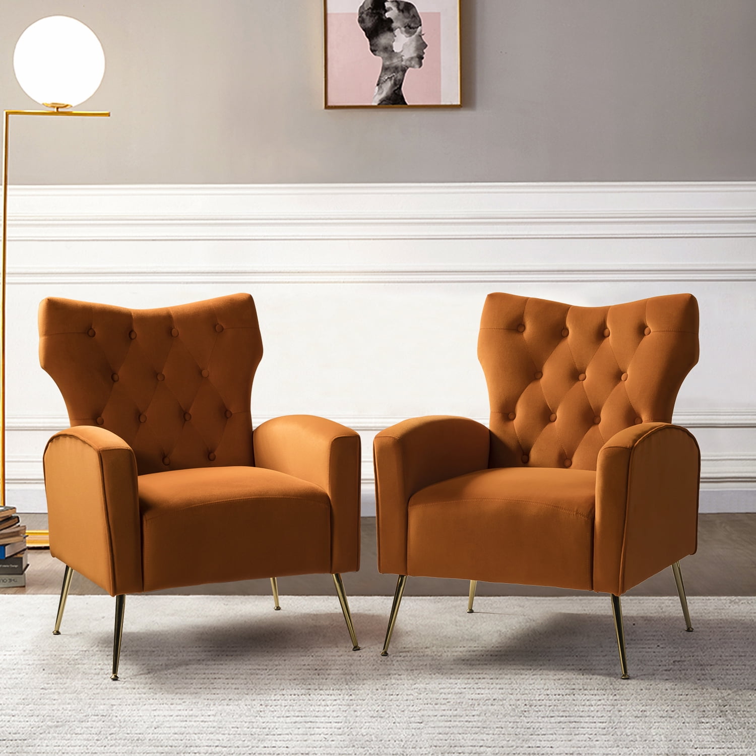 14 Karat Home Modern Wingback Velvet Accent Chair, Button Tufted Comfy  Armchair with Gold Legs, Upholstered Sofa Chair for Living Room and Bedroom  Set of 2, Green - Walmart.com