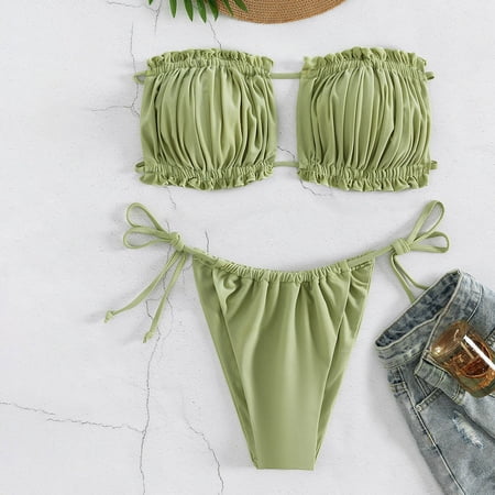 Women Fashion Straps Color-block Comfortable Split Swimsuit Bikini Beachwear Set  Colorful Print  Quick Dry Material  Casual Style  Perfect for Summer  Water Resistant  Easy to Wear | Green XL