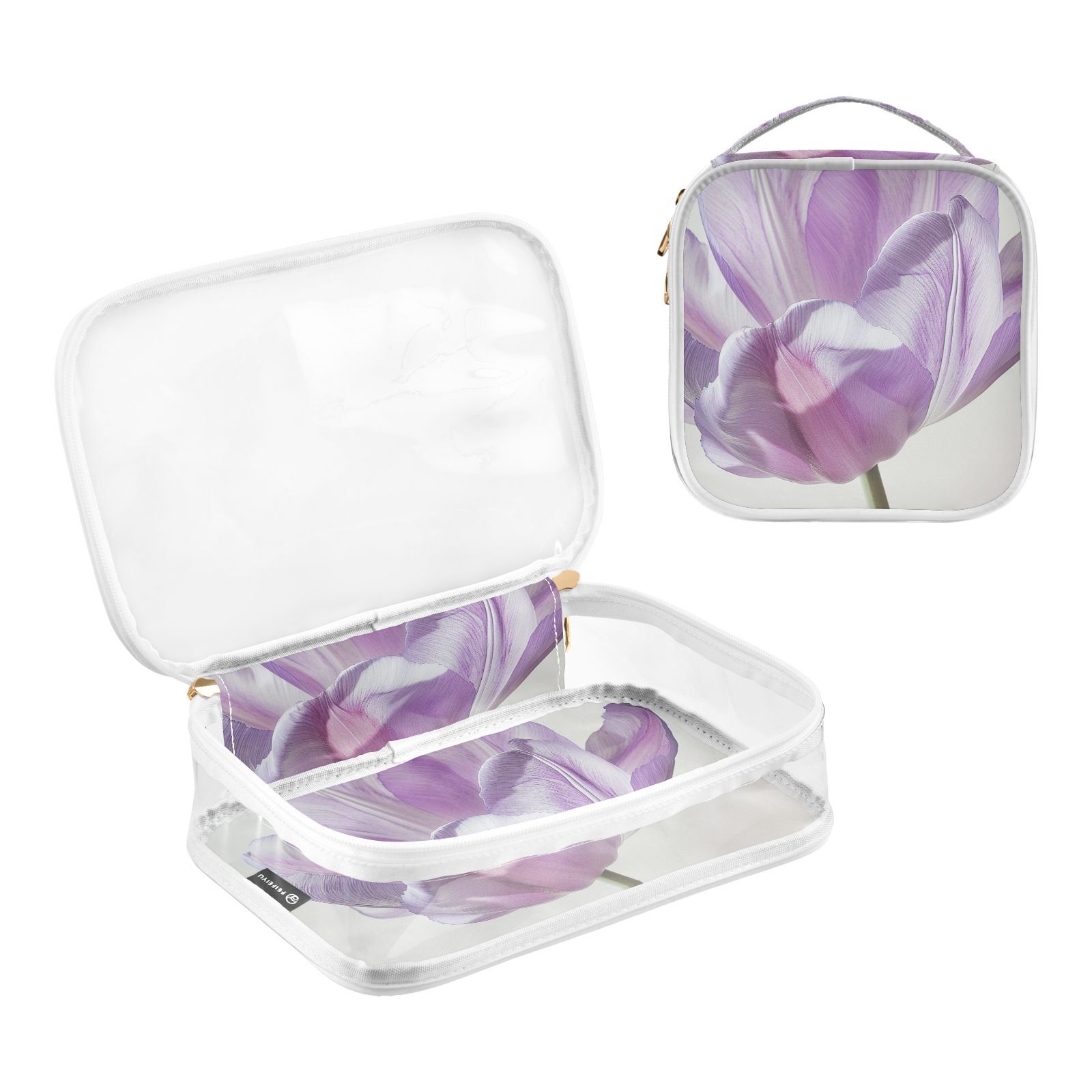 Clear Makeup Bags with Handle Large Opening 2 Pack Set Toiletry Bag Quart Size Bag, for Women Man Traveling Travel Essentials, Toiletries and Other. Gorgeous Flower Purple
