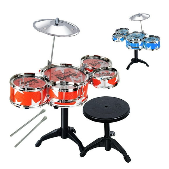 Kids Junior Drum Set Adjustable Throne Cymbal Drumsticks Musical Instrument Toy for Children (Red)
