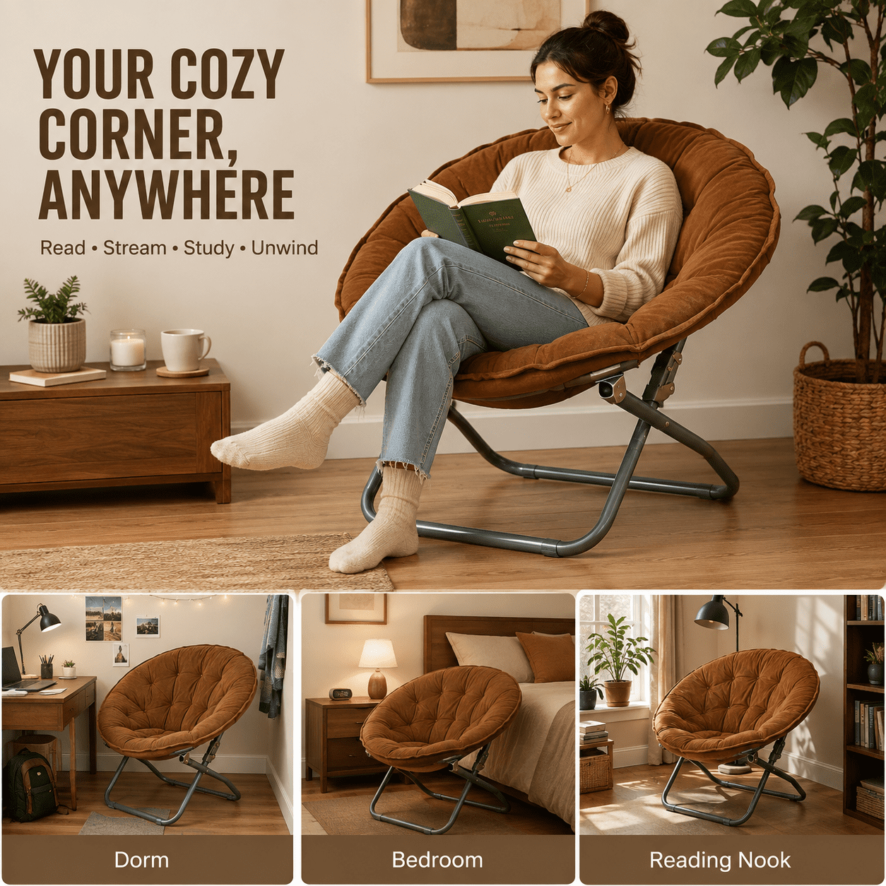 CLOUDREST PRO Soft Plush Folding Saucer Chair for Adults, Padded Round Lounge Seat, Metal Frame, 300 lb Capacity, Brown