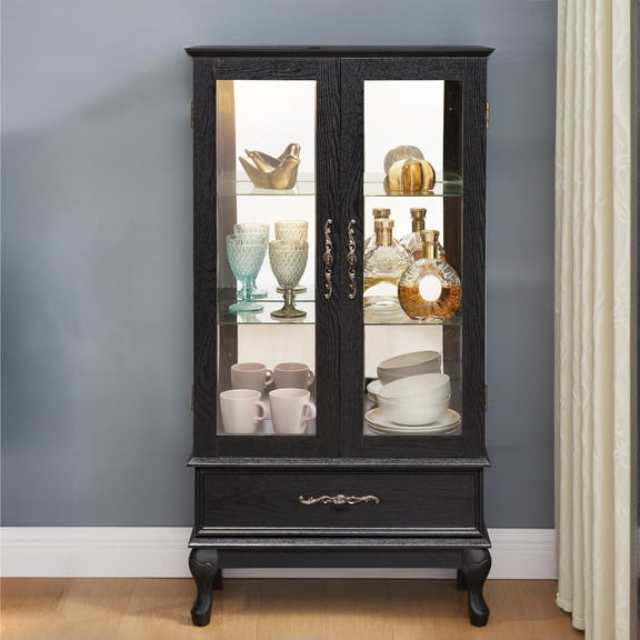51"H Lighted Curio Cabinet, Display Cabinet with 2 Tempered Glass Door and Adjustable Shelves, China Cabinet for Home Decor & Storage, Black