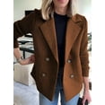 thumbnail image 3 of Women'S Double Breasted Wool Pea Coat Notched Lapel Ribbed Knit Long Sleeve Sweater Short Blazer Jacket Dark Brown M, 3 of 4