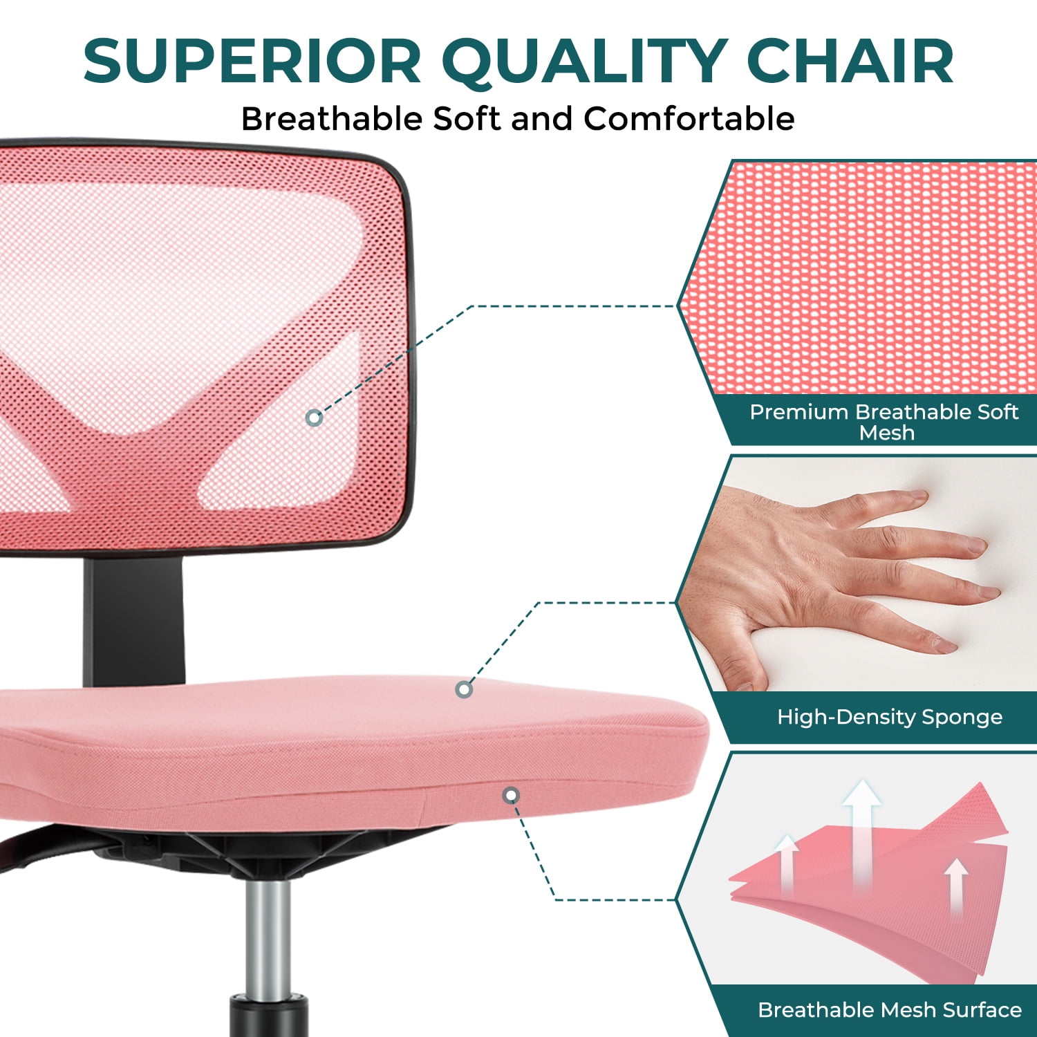 edx Home Office Desk Chair, Armless Mesh Computer Chair Small Space Swivel Adjustable Low Back Task Chair for Teens/Adults, Pink