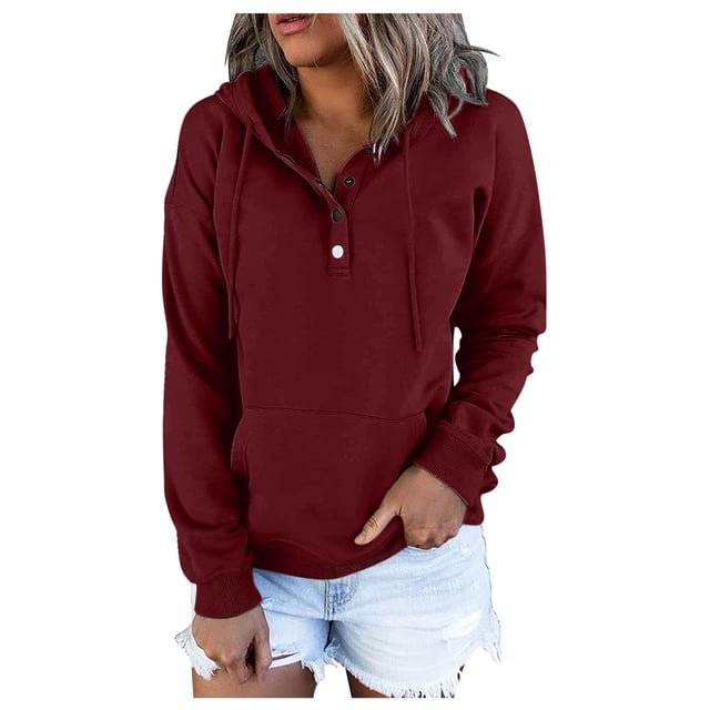 HBFAGFB Pullover for Womens Button Down Hoodies Drawstring Casual V Neck Fall Sweatshirts Wine Size 3XL