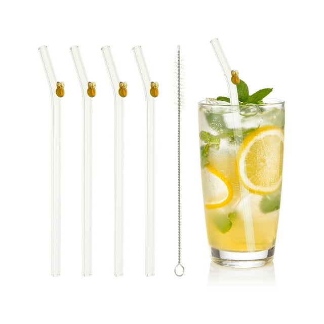 Uxcell 4 Pcs Popotes de Vidrio Reutilizables, 7.87" Popotes de Vidrio con Conejos Resistentes a Roturas, Popotes Claros y Lindos para Whisky, Café, Jugo, Refrescos y Té, Amarillo