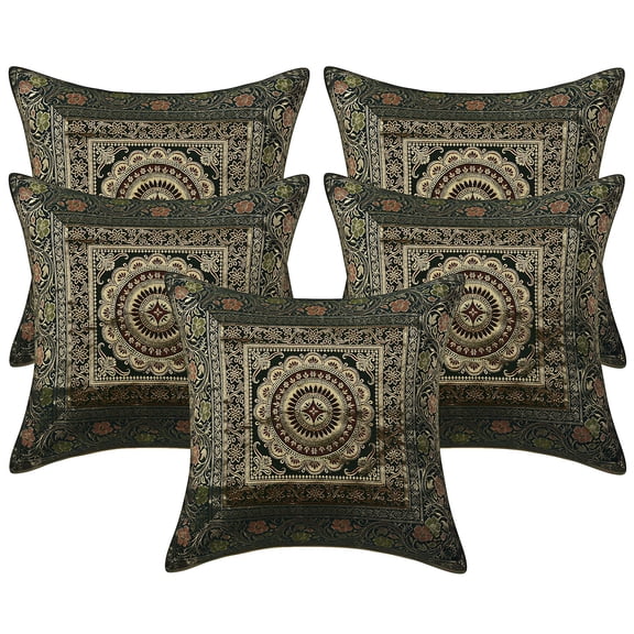 Stylo Culture Indian Chair Seat Throw Pillow Covers 16 x 16 Jacquard Dark Green Square 40cm x 40cm Home Decor Brocade Floral Mandala Zippered Cushion Covers | Set Of 5