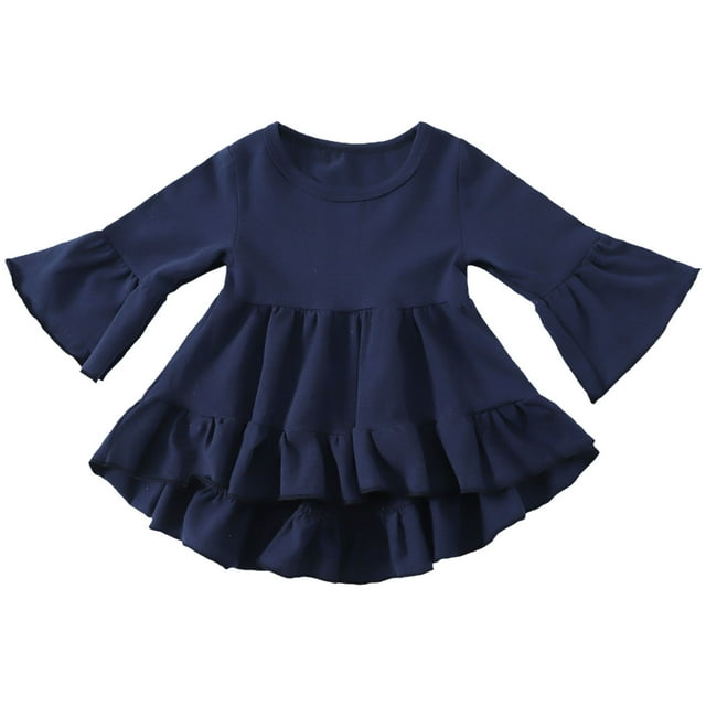 Et Chandail de Base Uni à Col Rond pour Tout-Petit avec Manches Trompette, devant Court et Dos Long, Blouse Élégante avec Bords à Volants