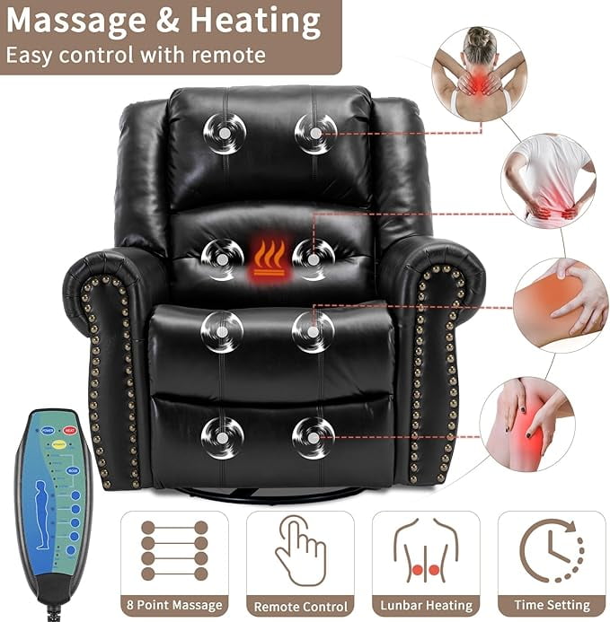EPICOZY Manual Massage Swivel Rocker Recliner with Heat and Vibration, 360° Swivel Glider Rocking Recliner Chair, Classic Living Room Lounge Recliners with Side Pockets & USB Ports, Black