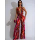 thumbnail image 2 of Mono sexy con escote en V profundo estampado para mujer, elegante, con cuello halter, espalda descubierta, sin mangas, trajes de fiesta, monos de una pieza con pierna ancha, estilo bohemio, 2 of 5