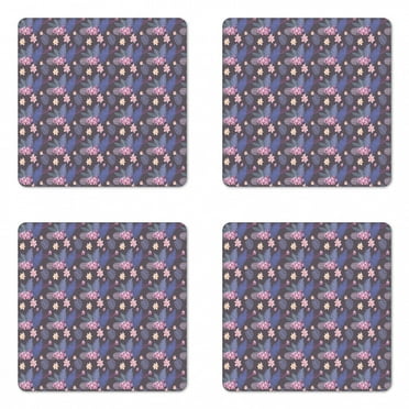 Tropical Coaster Set of 4, Monstera Leaves with Jungle Fern Banana Palm Island Atmosphere, Square Hardboard Gloss Coasters, Standard Size, Lavender Blue and Eggplant, by Ambesonne