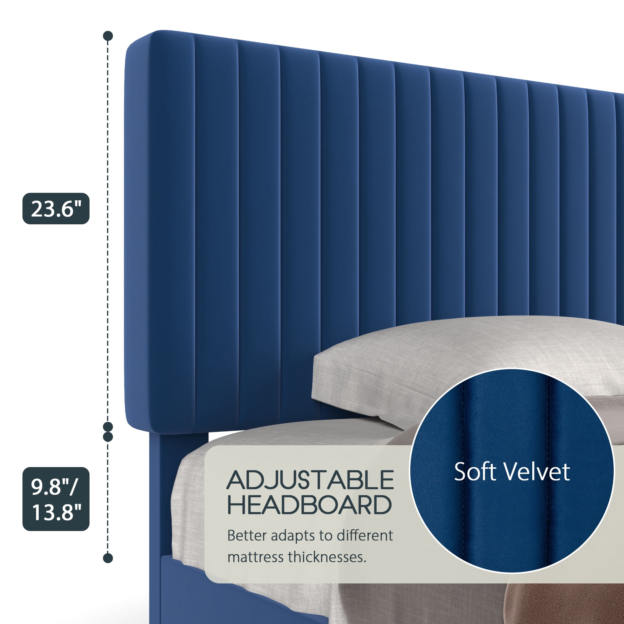 Einfach Queen Size Platform Bed Frame with Upholstered Adjustable Velvet Vertical Tufted Headboard, Blue