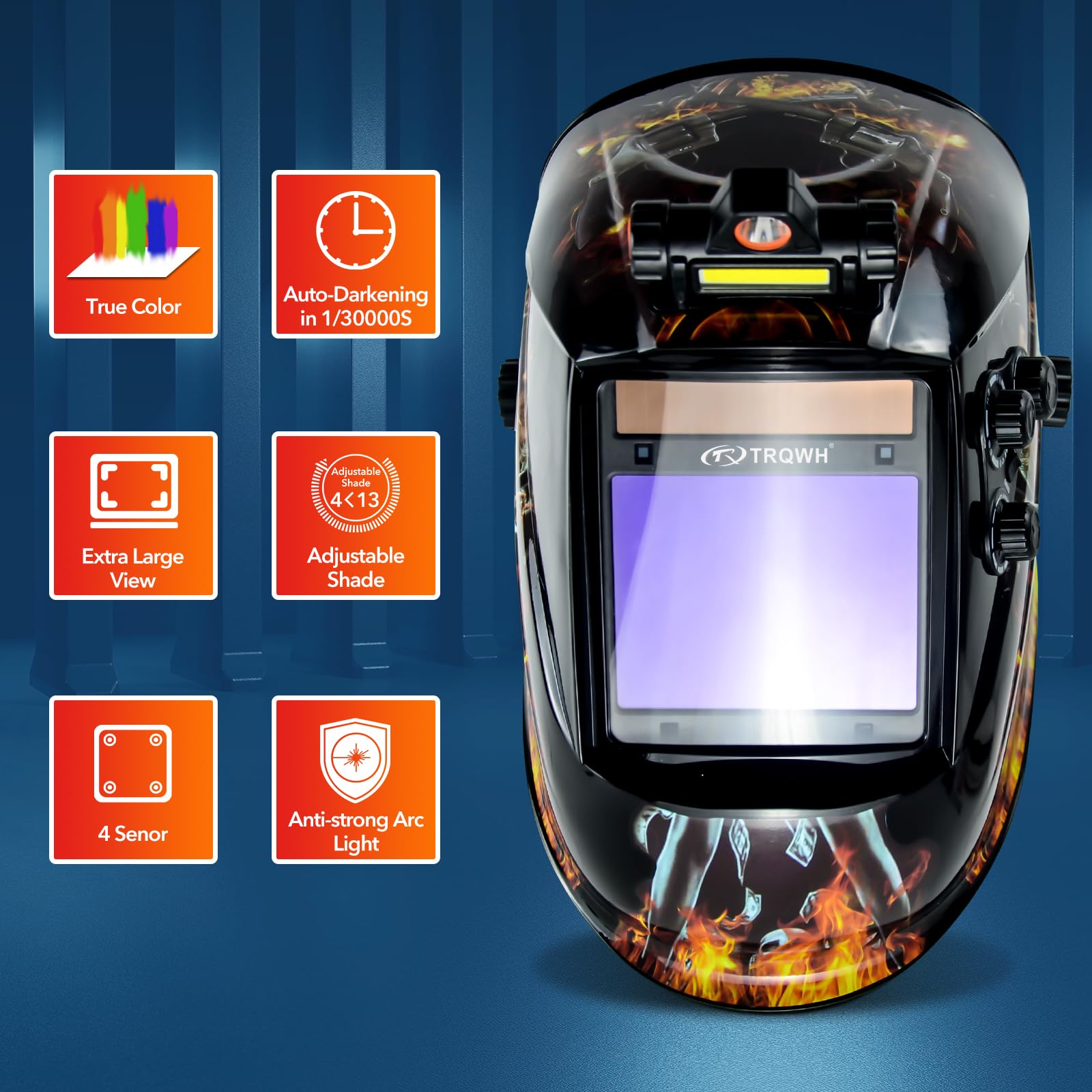 TRQWH Large View 3.94" x 3.15" Welding Helmet Auto Darkening Welding Hood with LED Light Solar Powered True Color 4 Arc Sensor Welding Mask Wide Shade 4/5-9/9-13 Weld Helmet with Grinding (KTS-QLS05)