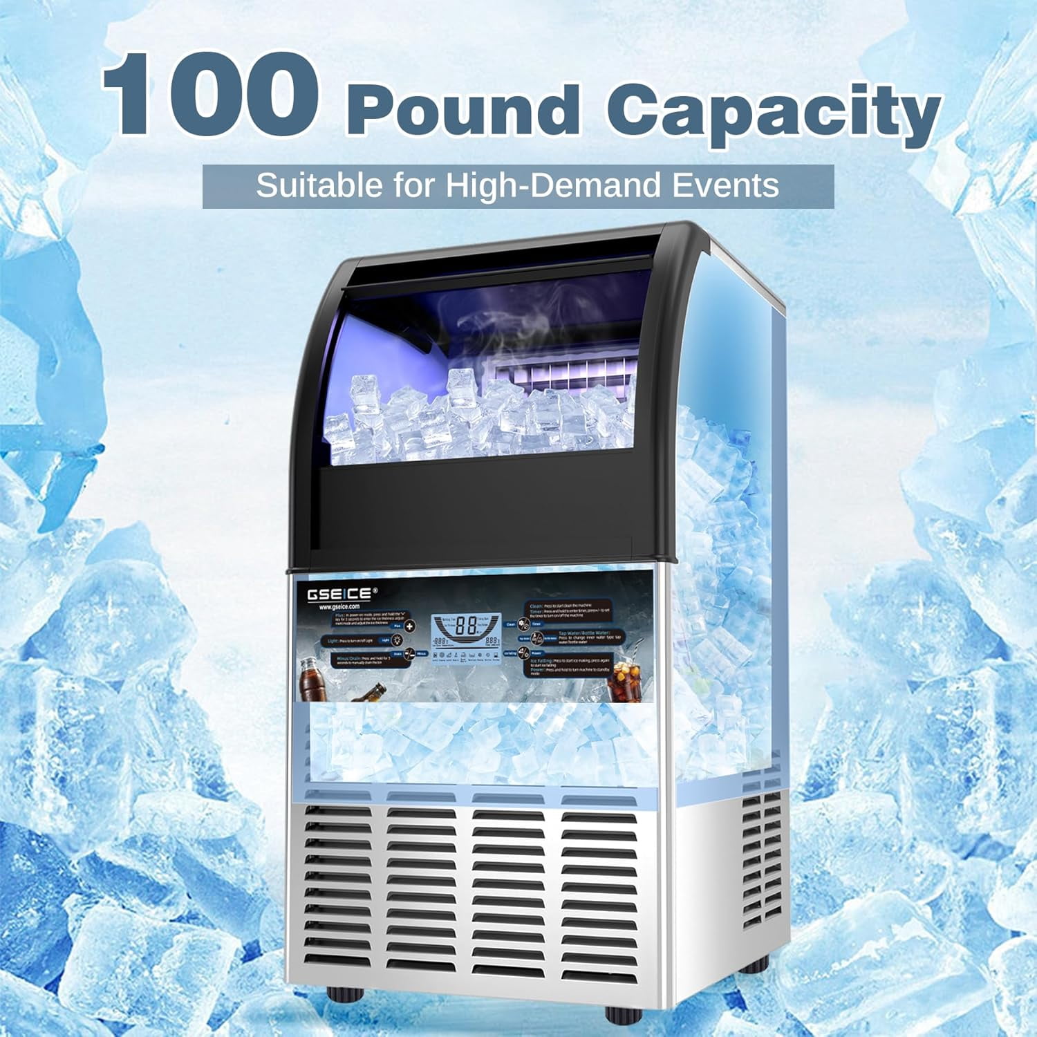 GSEICE ETL-Certified Commercial Ice Maker Machine 100Lbs/24H, Freestanding Fast Business Ice Maker, Self-Cleaning Ice Machine with LED Display for Bar, Office, Cafe, Hotel