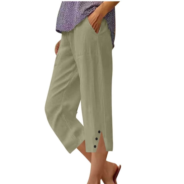 Capri Pantalones para Mujeres Casual Verano Color Sólido Lino, Bolsillos Cintura Elástica Pantalones Cortos Ligeros