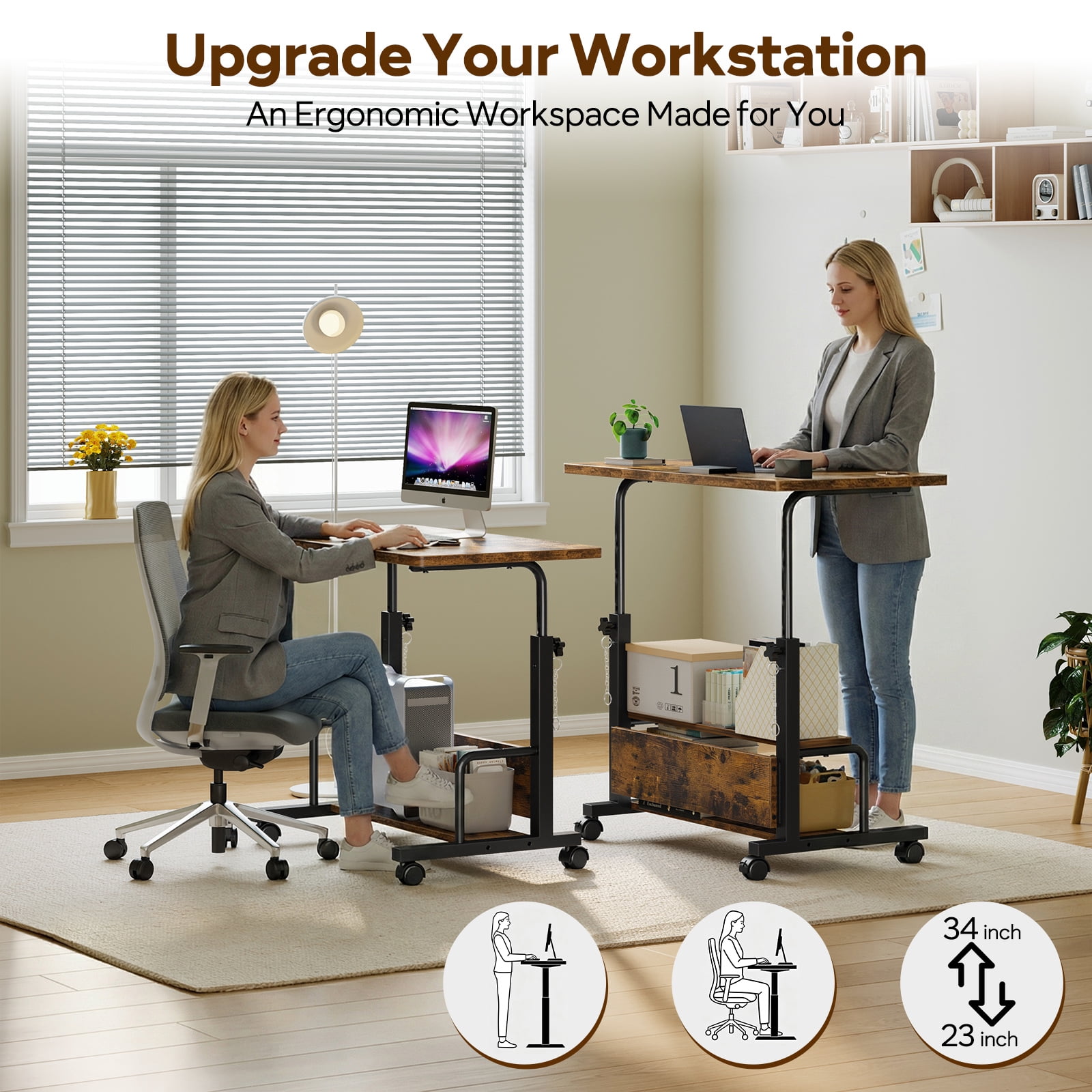 edx Height Adjustable Desk Standing Desk Small Desk for Small Spaces, Mobile Rolling Computer Desk on Wheels, Portable Desks Study Table for Home Office,Rust