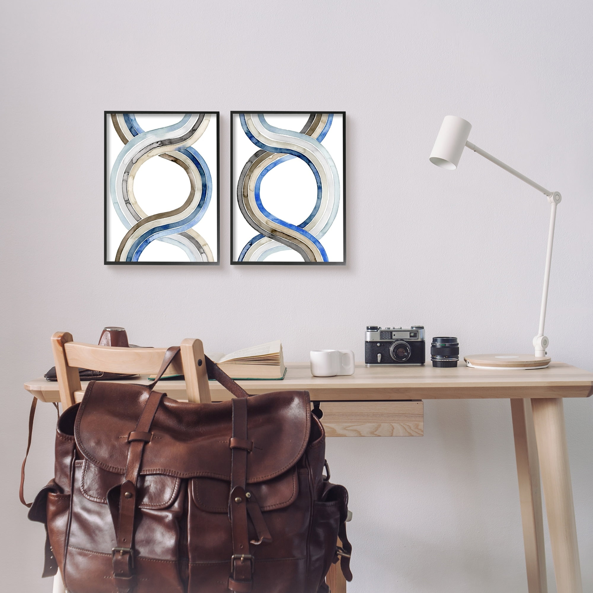 Stupell Industries Two Dimensional Spiral Helix Brown Blue Abstract Lines Paintings Black Framed Art Print Wall Art Set of 2, 11x14, by Grace Popp
