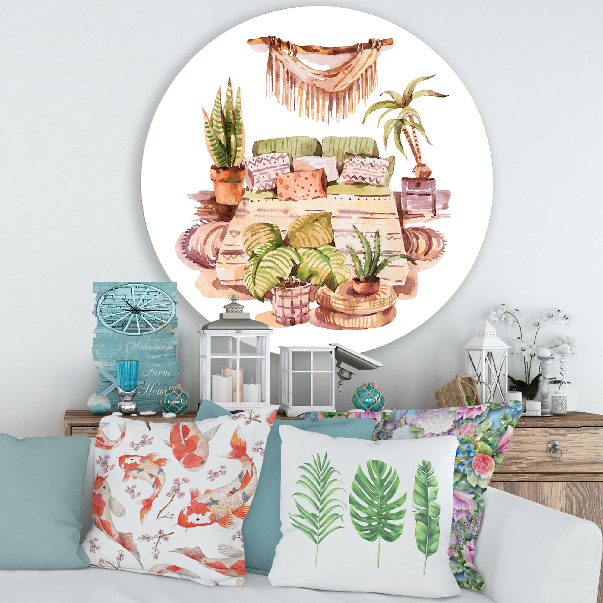 Designart 'Indoor House Plants Urban Jungle in Flowerpots IV' Traditional Circle Metal Wall Art 36x36 - Disc of 36