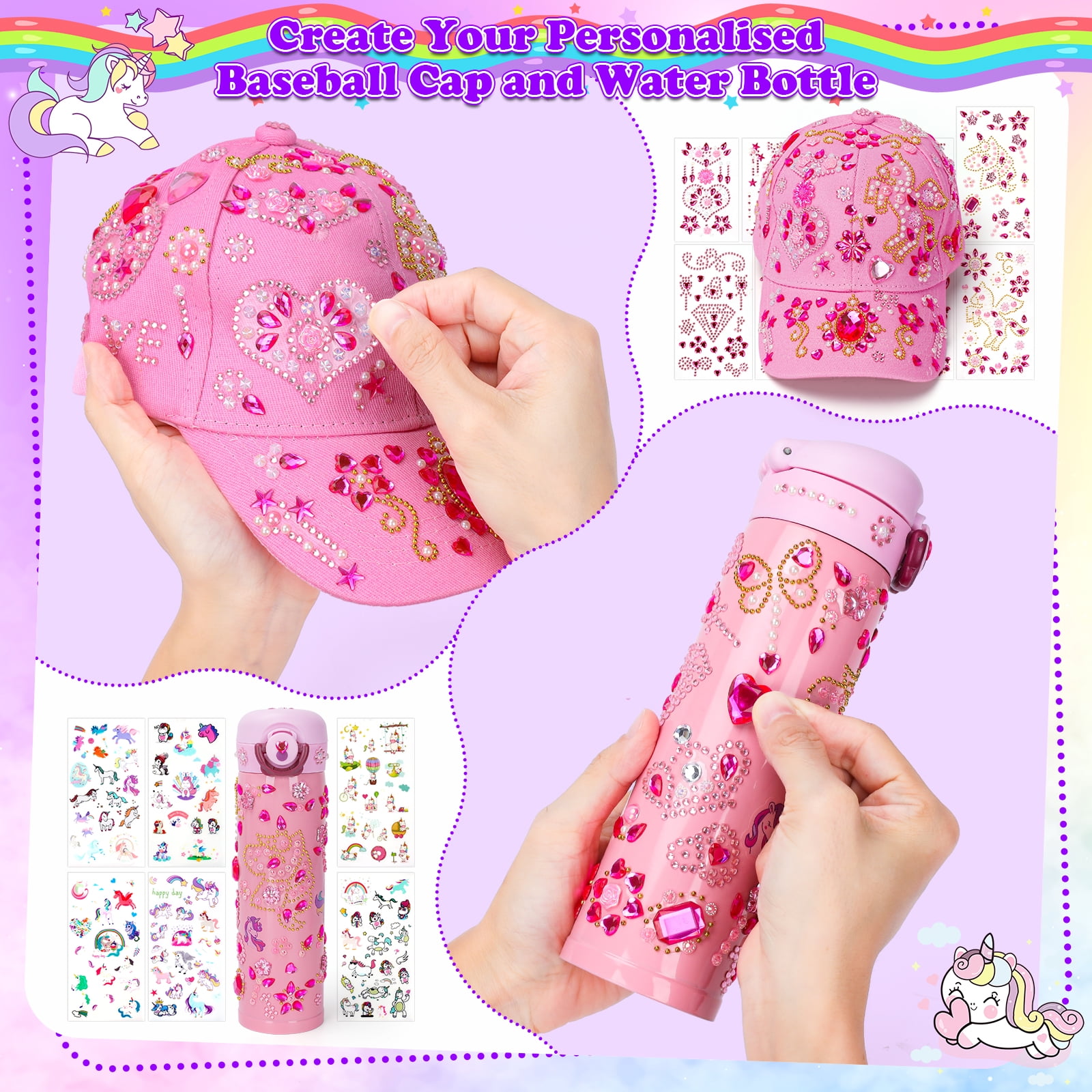 Pearoft Kids Gift for Girls Age 5 6 7 8 9 10 11 Years Old Birthday Presents for Kids, DIY Water Bottle and Baseball Cap Crafts Set for 6+ Girls Decorate Your Own Water Bottle with Glitter Gem Stickers