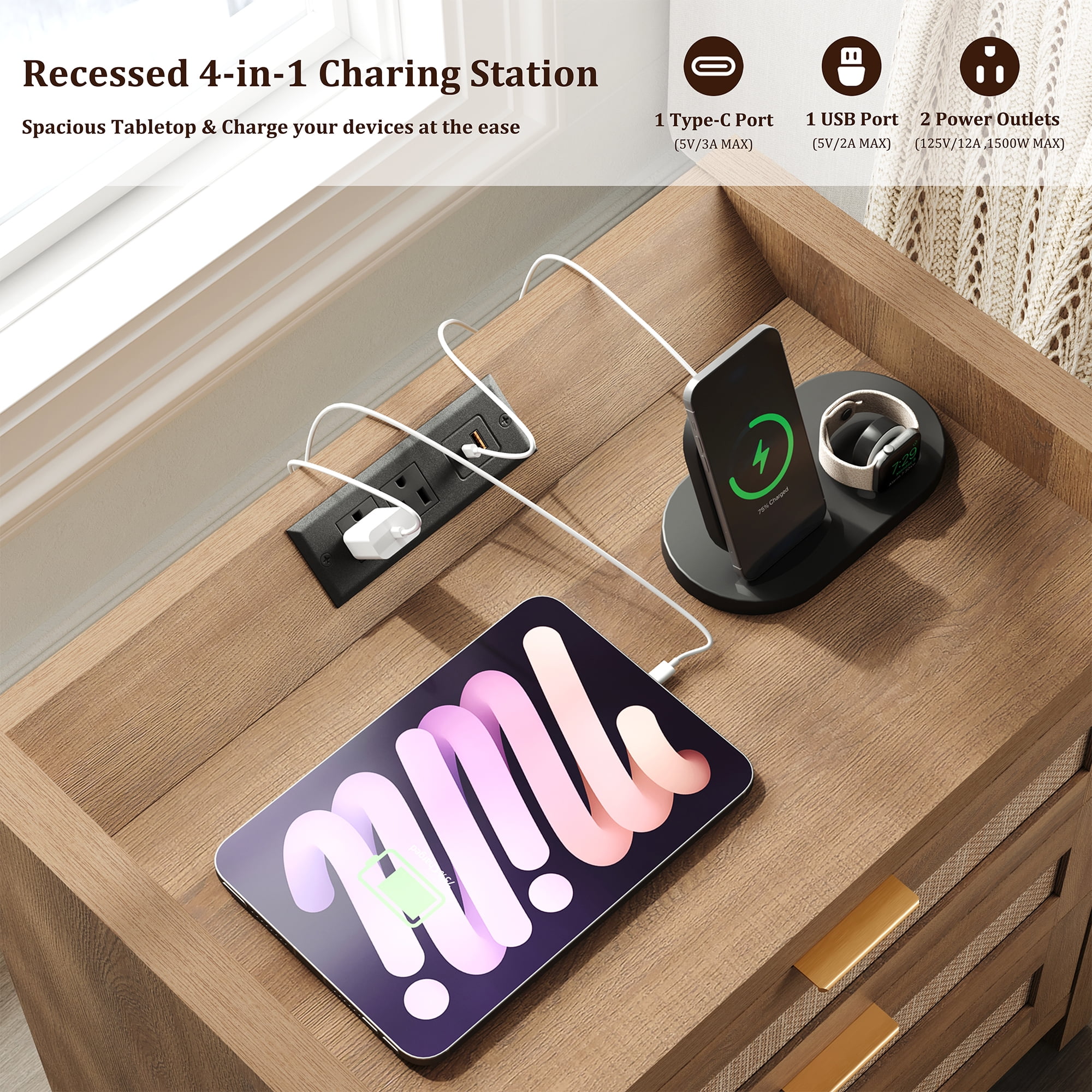 SICOTAS 26.57"H Tall Boho Nightstands Set of 2 with 3 Drawers, Rattan Nightstands with Charging Station and Type-c Ports Rattan End Table Beside Table for Bedroom Enrtyway Living Room, Natural Oak