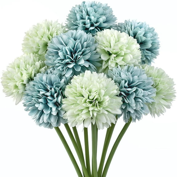 Artificial Flowers 10 Pcs Fake Silk Artificial Chrysanthemum Ball Hydrangea Bridal Wedding Bouquet for Kitchen Home Decor(Blue Green)