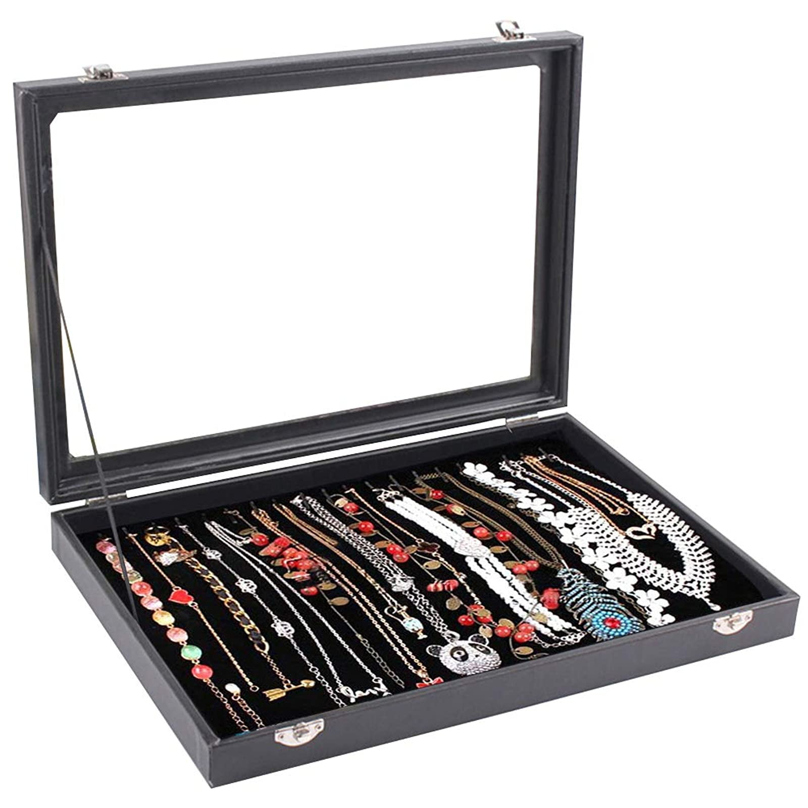 20 Hooks Glass Lid Faux Leather Pendant Necklace Display Storage Box Showcase 