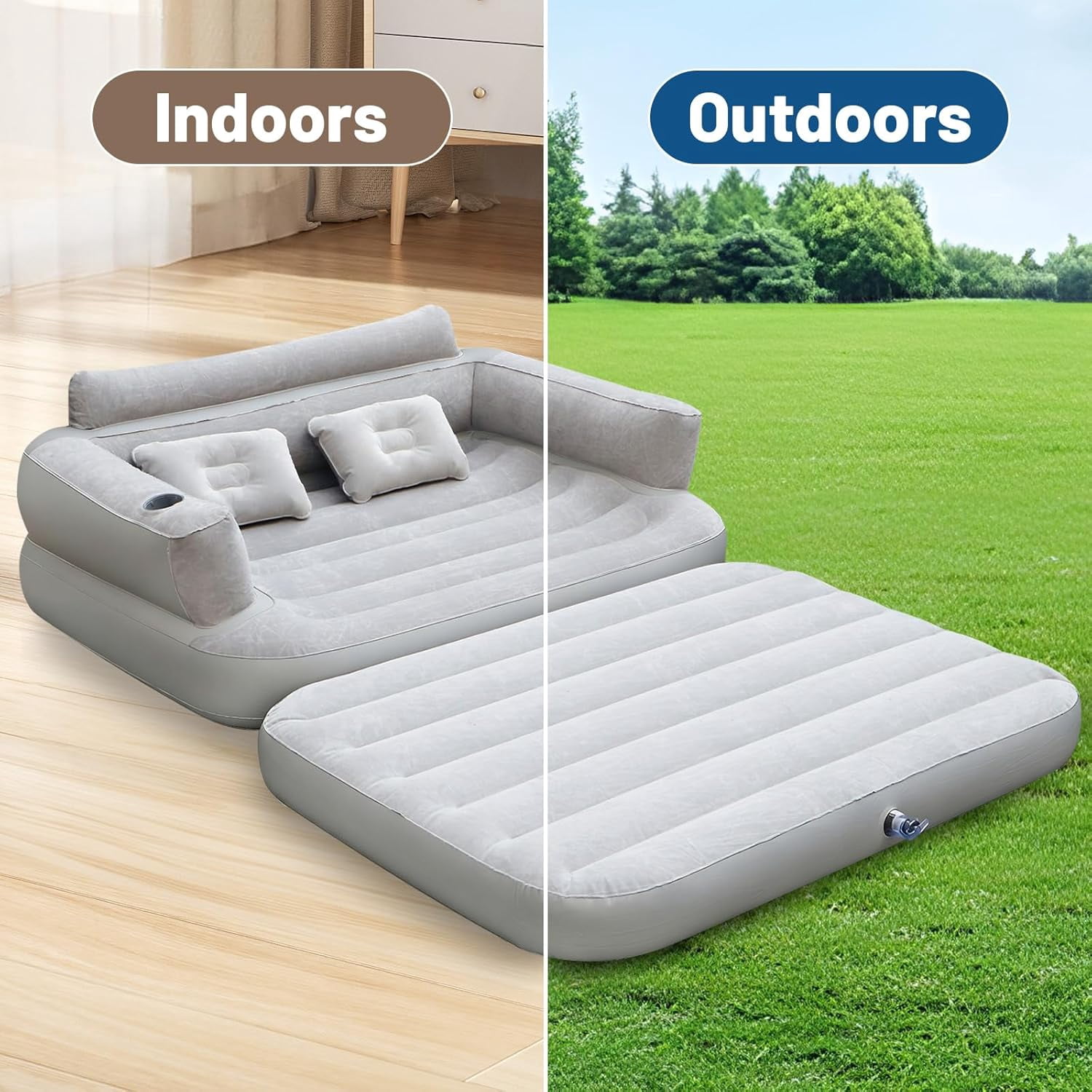 Full Size Inflatable Sofa Bed with Air Pump,2-in-1 Blow-Up Couch and Folding Air Mattress Bed for Home,Camping,and Guests