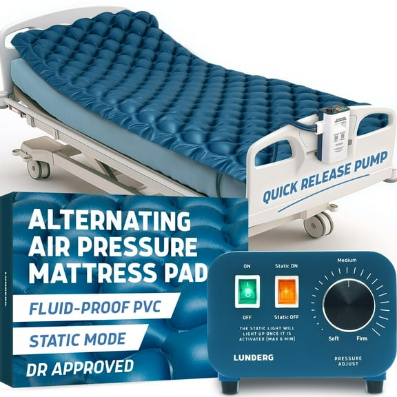 Lunderg Alternating Air Pressure Mattress Pad with Static Mode - Comfortable Bed Sore Prevention - Includes Waterproof Mattress Topper for Hospital Bed or Home & Quiet Pump - Recommended by Doctors
