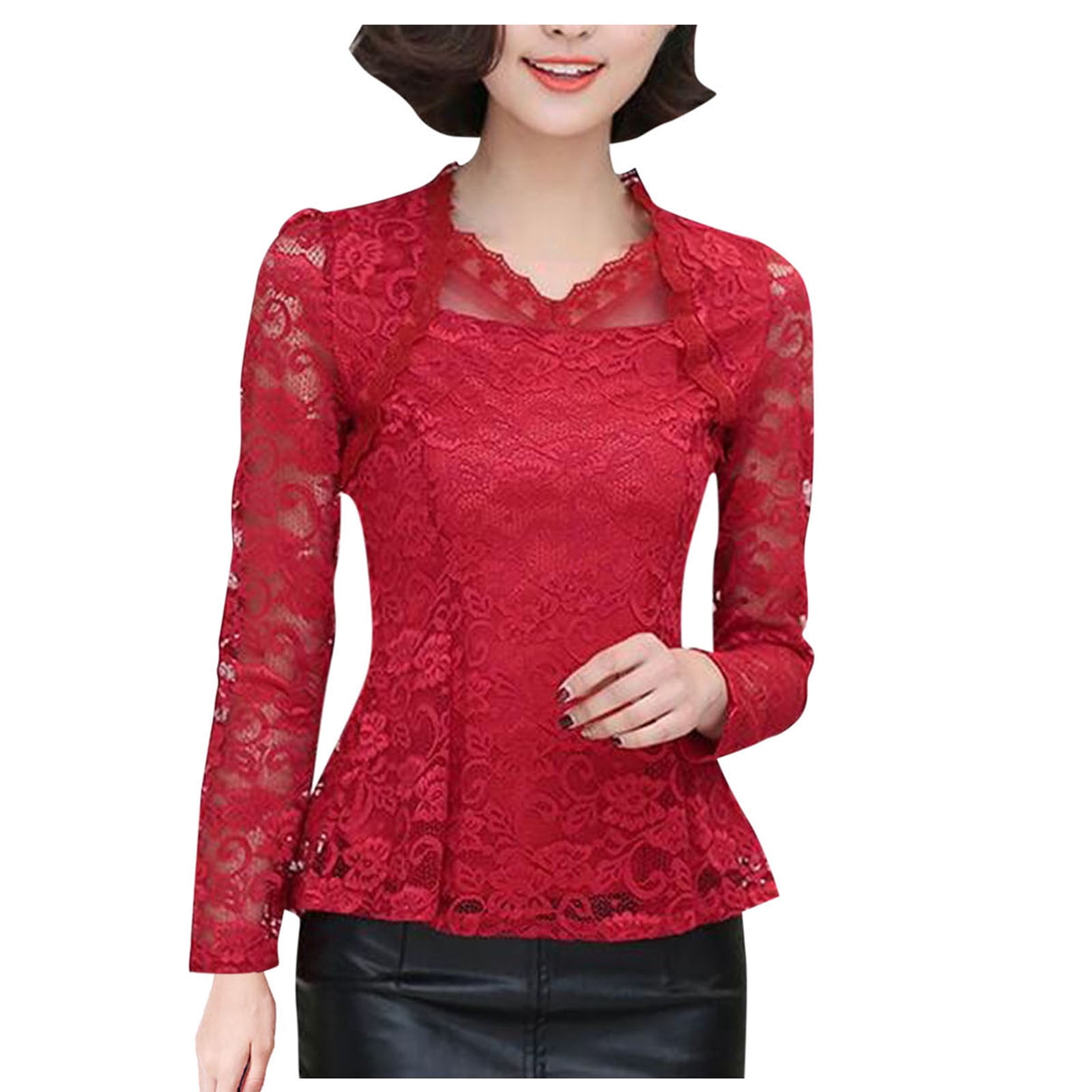 mnjin womens blouses and tops dressy shirts women long sleeve lace shirt crocheted lace blouse top t shirt red - Walmart.com