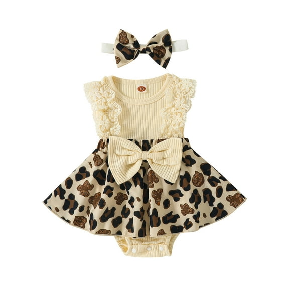 Baby Toddler Girl 2Pcs Summer Romper Dresses, 3 6 12 18 Months Sleeveless Leopard Print Bodysuit Dress with Headband Set