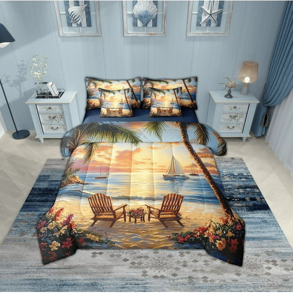 Erosebridal Hawaii Beach Bedding Twin Size, Summer Holiday Bed Set, Romantic Sunset Reversible Bedding Sets Twin Size, Super Cozy Room Decoration, 7pcs