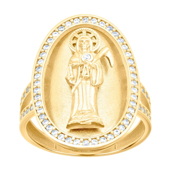 10k Yellow Gold Womens Cubic Zirconia Oval Death Angel Santa Muerte Grim Reaper Religious Ring 24.7mm Long Ring for Wome
