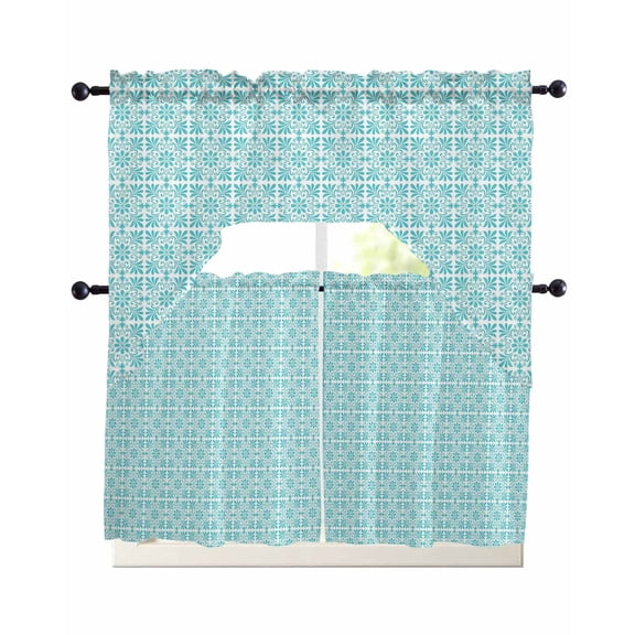 Teal Green Boho Kitchen Curtains Set for Windows 3 Piece Cafe Curtains 24 Inch Length Swag Curtains Valances and Tier Set Farmhouse Country Flowers Plaid Textured Drapes for Bedroom Living Room