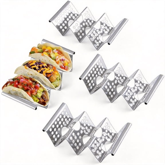 4-Pack Stainless Steel Taco Holders with Easy-Access Handles, Oven and Air Fryer Safe Taco Stand Set, Each Holds Up to 3 Tortillas for Kitchen and Party Serving (Metal)