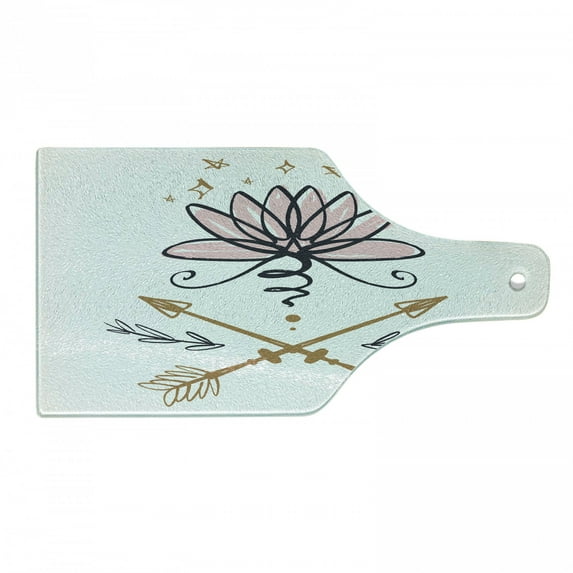 Bohemian Cutting Board, Sketchy Drawn Image of Lotus Flower with Arrows Harmony Art, Decorative Tempered Glass Cutting and Serving Board, in 3 Sizes, by Ambesonne