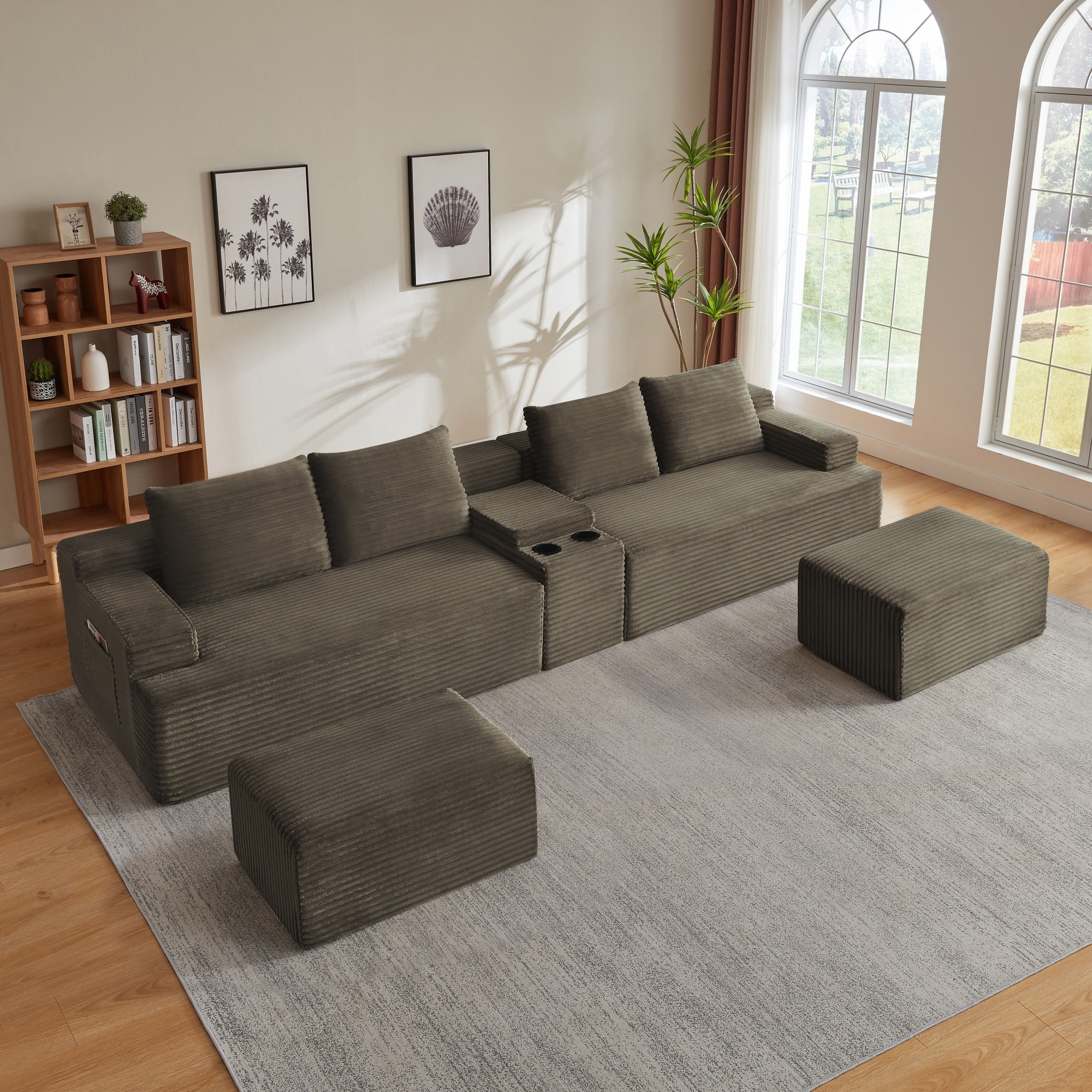 BSHTI 140.6" 5-Seat Corduroy U Shape Sectional Sofa with Cup Holder, Modular Design, No Assembly for Living Room（Brown）