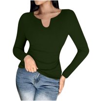 Olyvenn Women Long Sleeve Shirts Built-in Shelf Bra Tops Rib-Knit Top Spring Outfits 2025 V Notch Ribbed Slim Fitted Casual Basic Crop Top Green 6