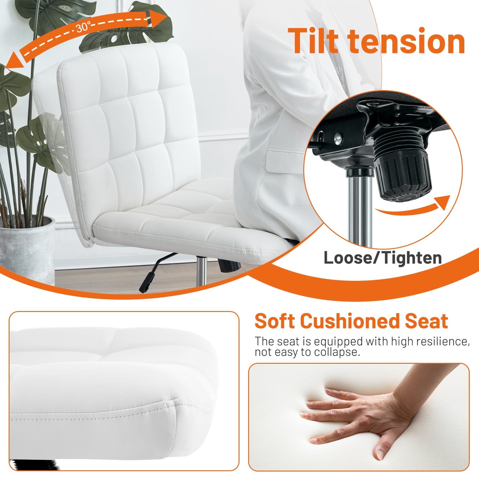 Furniliving Home Office Desk Chairs with Wheels Wide Desk Chair Mid Back Vanity Chair Modern Computer Desk Chair Swivel Accent Chair, PU-Ivorywhite