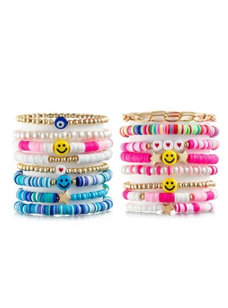 LieToi Preppy Heishi Bracelets Set Colorful White Gold Smile Heart Star Evil Eye Beaded Polymer Clay Pearl Stackable Charm Y2K Kidcore Summer Beach