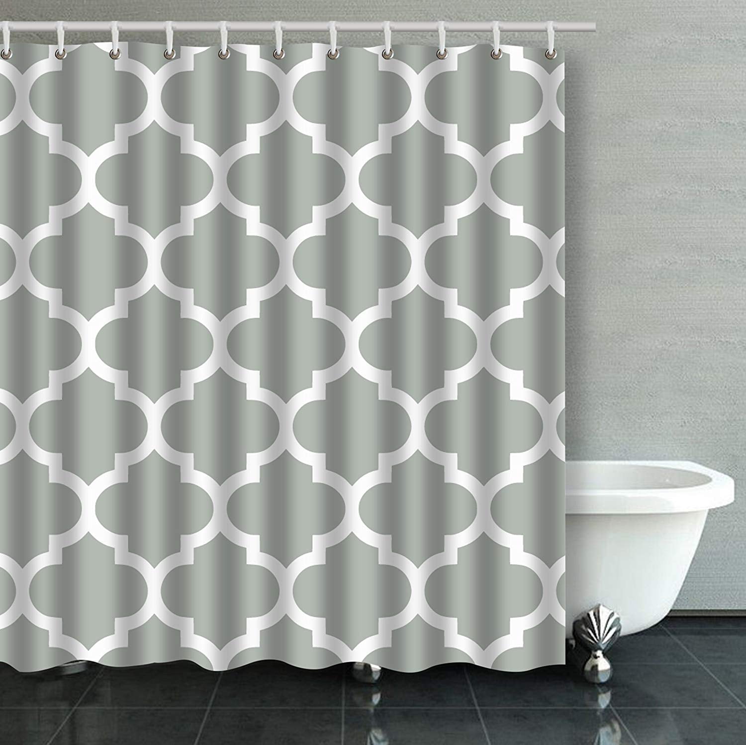 ARTJIA Moroccan Quatrefoil Silver Gray Bathroom Shower Curtain 66x72
