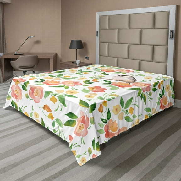 Ambesonne Floral Flat Sheet, Flower Petals Blossoms, King Size, Coral Fern Green White