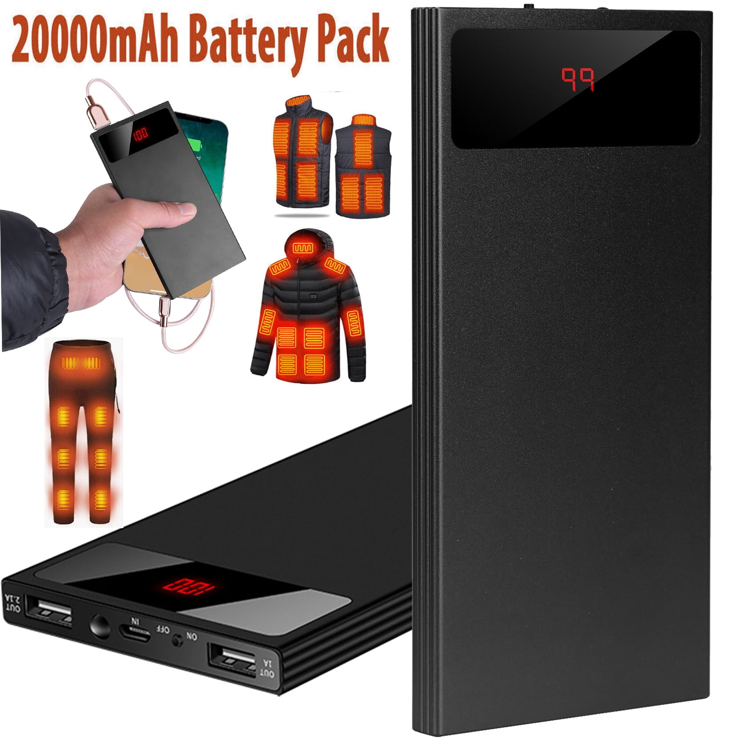 5V 2.1A Battery Pack 20000mAh Power Bank with Dual USB Port Heated Clothing Replacement Battery Pack for Heated Vest Jacket Coat Pants Black