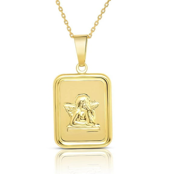 14K GOLD PLATED STERLING SILVER RECTANGLE GUARDIAN ANGEL MEDAL PENDANT NECKLACE