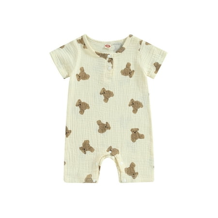 

Baby Boy Girl Short Sleeve Jumpsuit Fall Summer Romper Bear Print Cotton Linen Onesie Playsuits Outfits