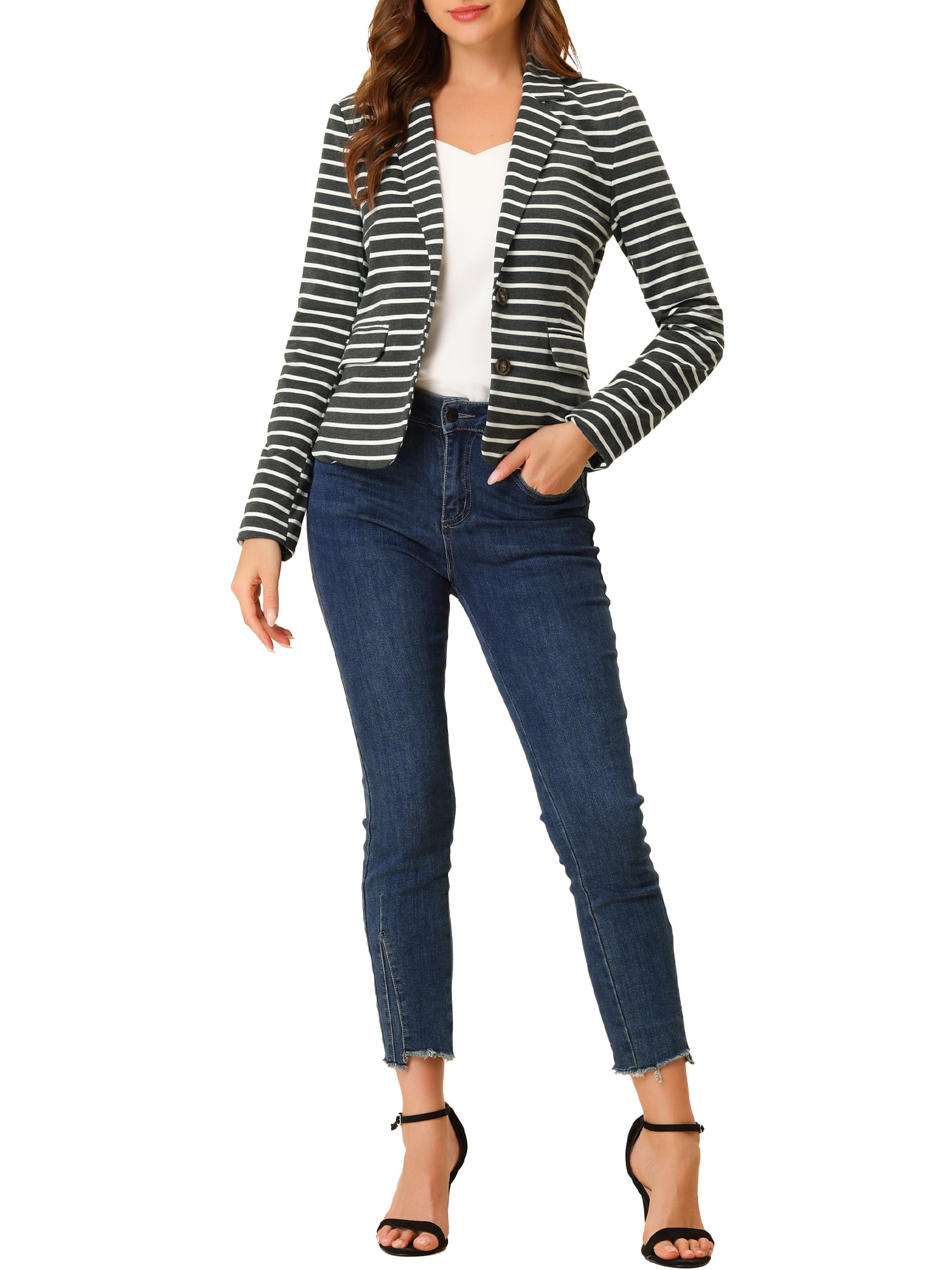 DARING DIVA Women's Striped Notched Lapel Button Closure Blazer S Grey White